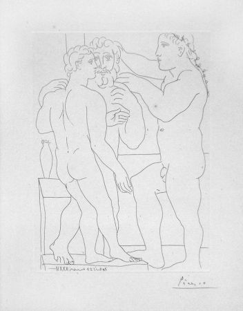 Etching Picasso - Deux hommes sculptes - Two male statues - Three Men Standing
