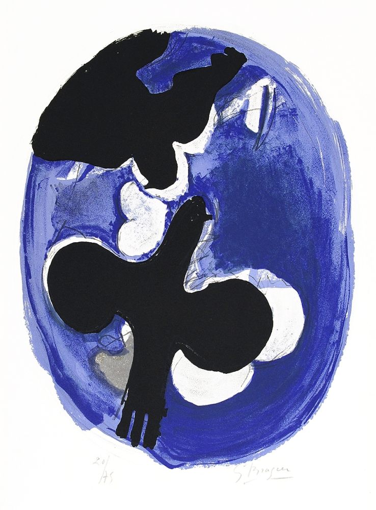 Lithograph Braque - Deux oiseaux sur fond bleu (Two birds on a blue background)