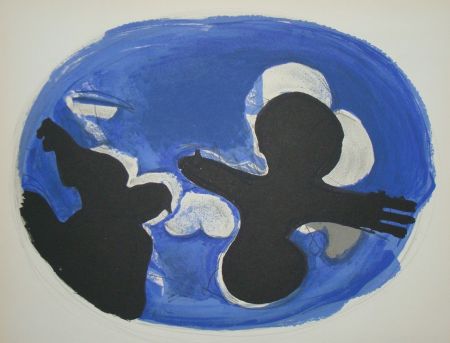 Lithograph Braque - Deux Oiseaux Sur Fond Bleue