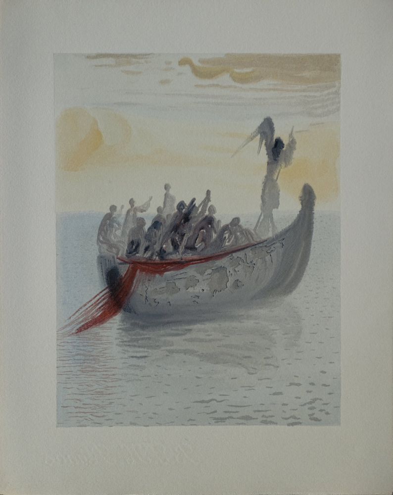 Woodcut Dali - Divine Comédie, Purgatoire 2, La barque du nocher