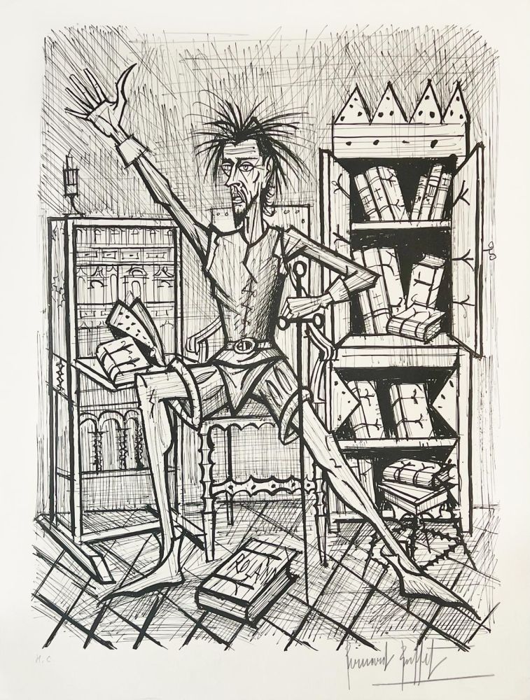 Lithograph Buffet - Don Quichote dans la Bibliothèque 