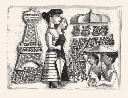 Lithograph Campigli - Donne alla Torre Eiffel