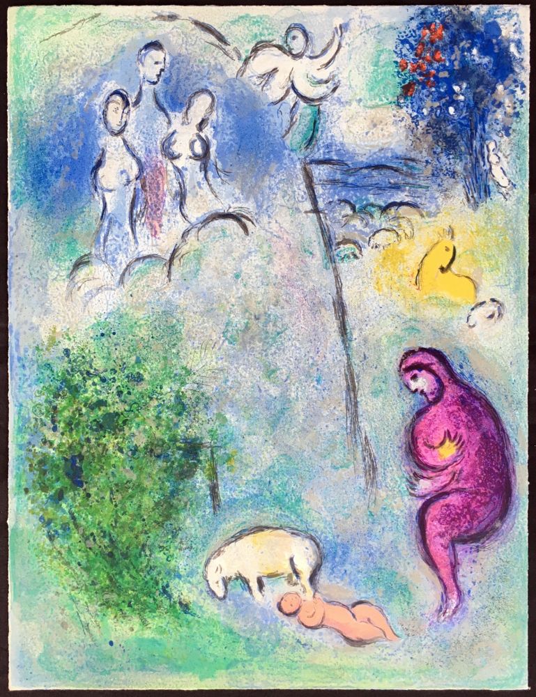 Lithograph Chagall - DÉCOUVERTE DE CHLOÉ PAR DRYAS (de la Suite Daphnis & Chloé, 1961)