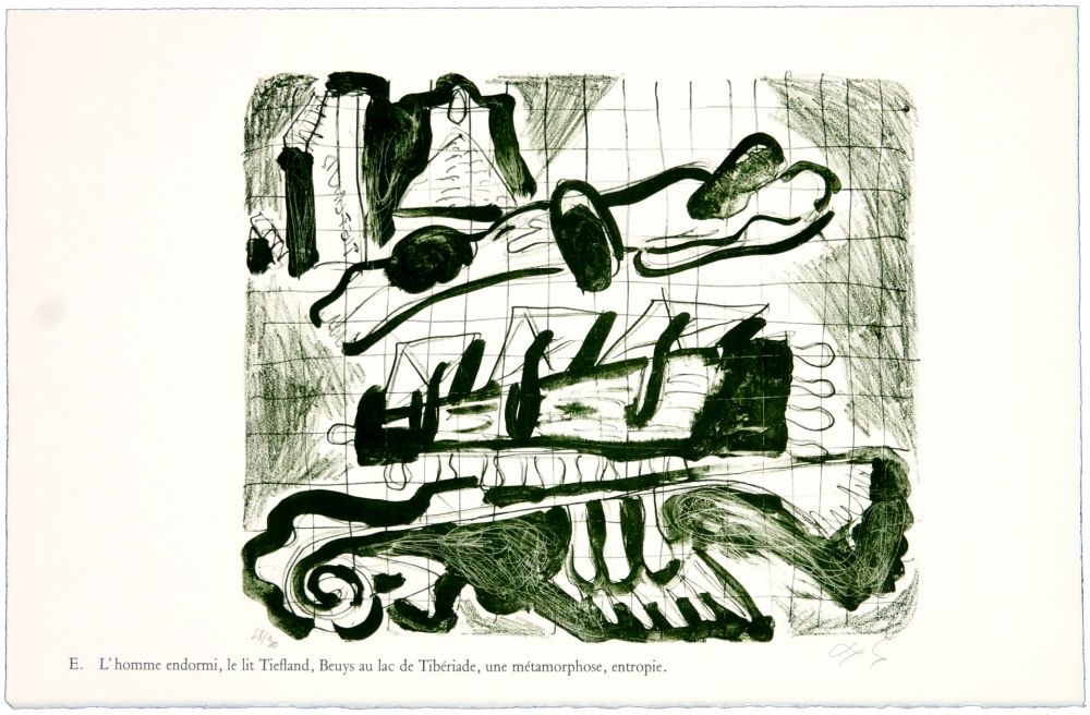 Lithograph Nørgaard - E. L'homme endormi, le lit Tiefland, Beuys au lac de Tibériade, une méthamorphose, entropie.