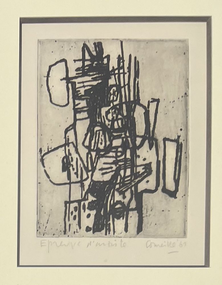 Engraving Corneille - Eau-forte encadrée Abstraction 1961 Epreuve d'artiste