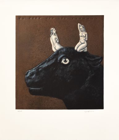 Lithograph Yagües - El toro por los cuernos