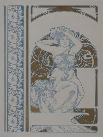 Lithograph Mucha - Elegante à la couronne de fleurs