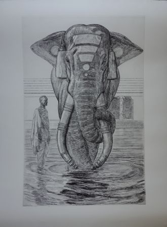 Etching Jouve - Elephants du temple de Siva