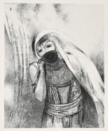 Lithograph Redon - Elle tire de sa poitrine une éponge toute noire, la couvre de baisers (from la Tentation de Saint Antoine, troisième série)