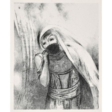 Lithograph Redon - Elle tire de sa poitrine une éponge toute noire, la couvre de baisers (from la Tentation de Saint Antoine, troisième série)