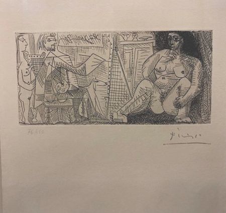 Engraving Picasso - En el atelier, pintor, modelo y espectador
