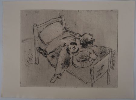 Etching Chagall - Etendus sur le lit
