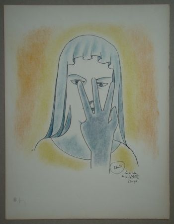 Lithograph Cocteau - Etude - La vierge se cache le visage avec 3 doigts