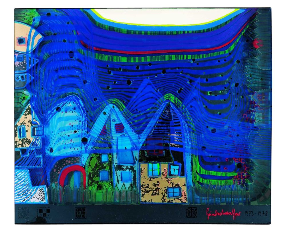 Screenprint Hundertwasser - Fall In Cloud - Fall In Fog - Fall Out