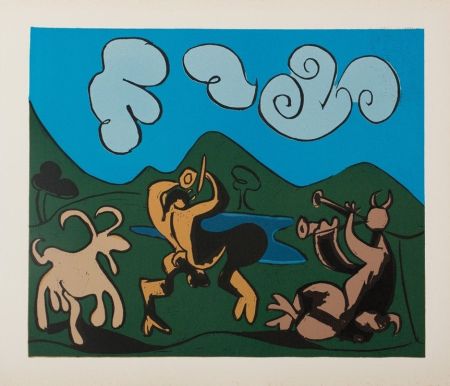 Linocut Picasso - Faunes et chèvre