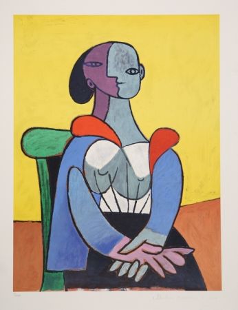 Lithograph Picasso - Femme A La Chaise Sur Fond Jaune, 9-C