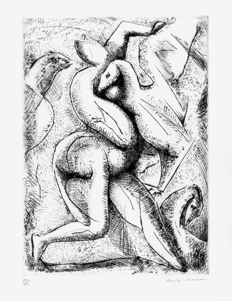 Drypoint Masson - Femme attaquée par des oiseaux