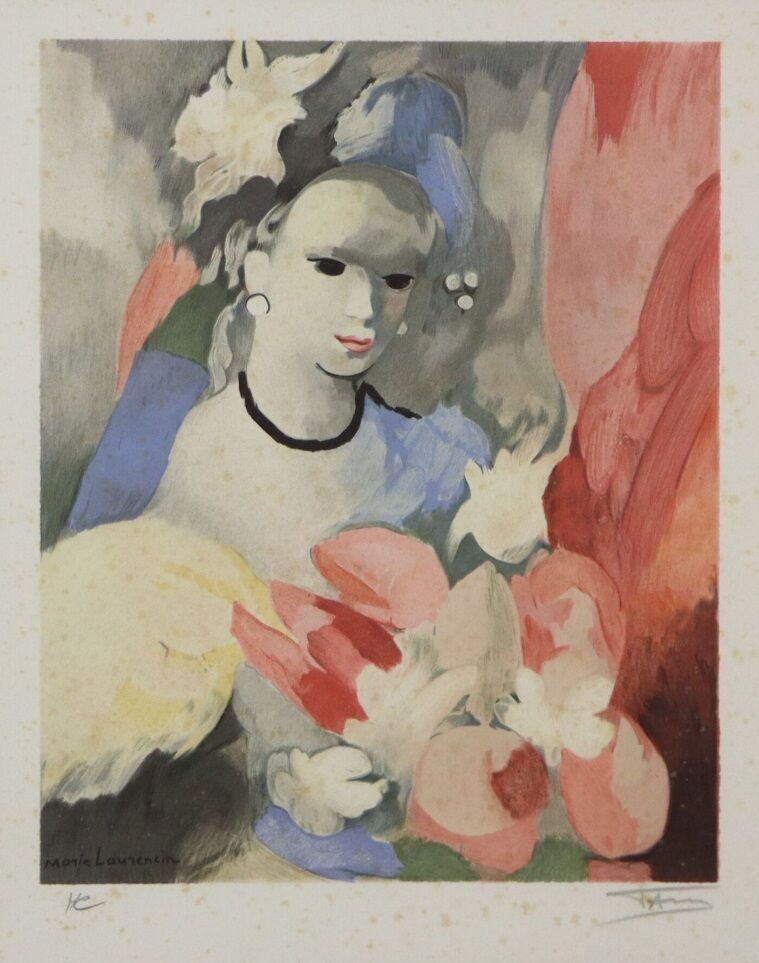 Lithograph Laurencin - Femme au bouquet de fleurs