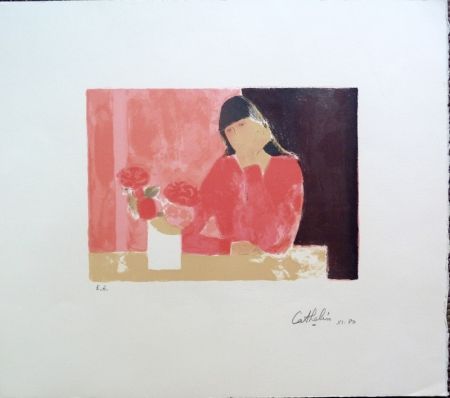 Lithograph Cathelin - Femme au Bouquet de Roses