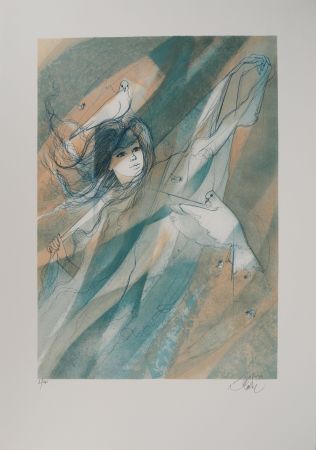Lithograph Valadie - Femme aux colombes (le vent)