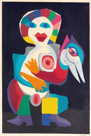 Lithograph Appel - Femme avec Oiseau