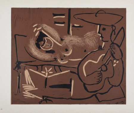 Linocut Picasso - Femme couchée et guitariste, 1962