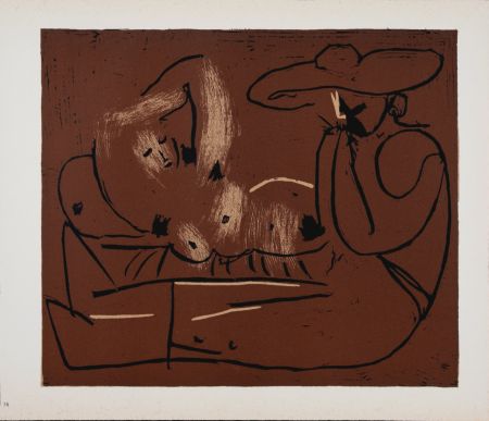 Linocut Picasso (After) - Femme couchée et homme au grand chapeau, 1962