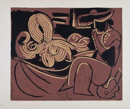 Linocut Picasso - Femme couchée et homme à la guitare, 1962