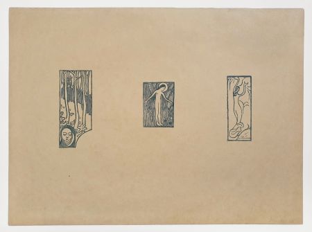 Woodcut Denis - Femme dans un bois / Ange nue / Femme nue de dos 