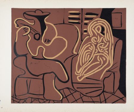 Linocut Picasso - Femme dans un fauteuil et guitariste, 1959