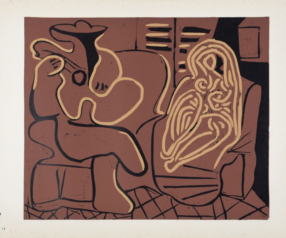 Linocut Picasso (After) - Femme dans un fauteuil et guitariste, 1962