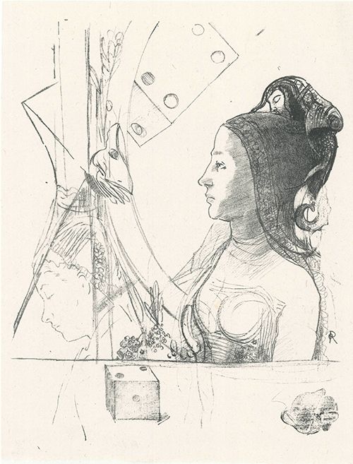 Lithograph Redon - Femme de profil, coiffée d'un hénin