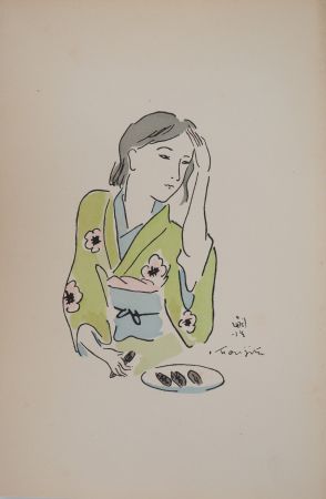 Etching Foujita - Femme en kimono se coiffant
