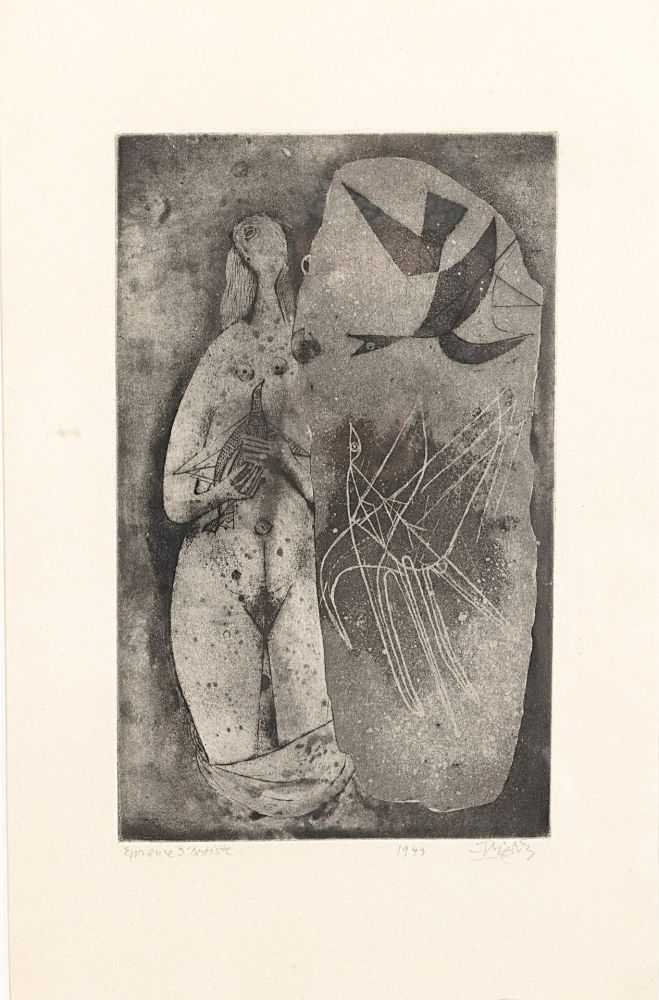 Engraving Friedlaender - Femme et oiseaux