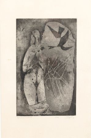 Engraving Friedlaender - Femme et oiseaux
