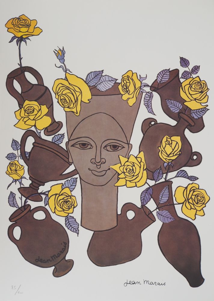 Lithograph Marais  - Femme, fleurs et poteries