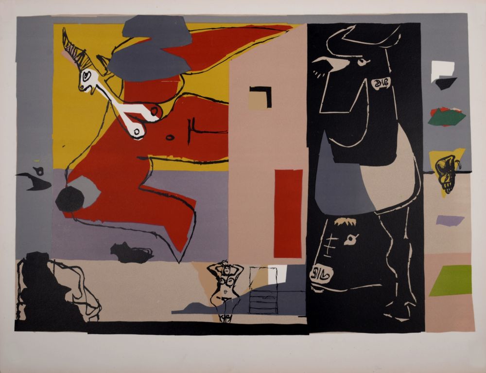Lithograph Le Corbusier - Femme Unicorn et taureau noir (licorne ailée), 1960