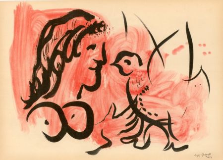 Pochoir Chagall - FEMME À L'OISEAU (1954) de l'album : Douze Contemporains par J. Lassaigne (1959)