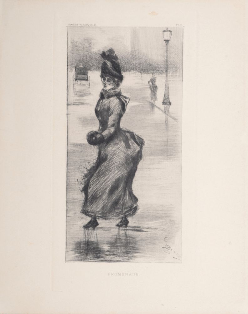 Drypoint Boutet - Femme élégante, Promenade à Paris, c. 1890