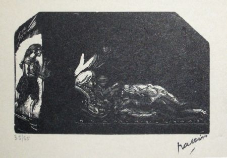 Woodcut Pascin - Fille avec fleur et scene de Harem