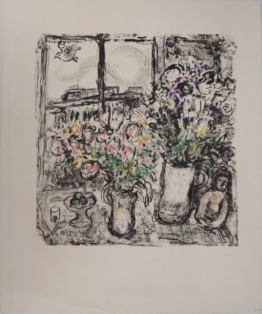 Lithograph Chagall - Fleurs devant la fenêtre
