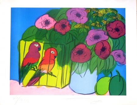 Lithograph Ting - Fleurs et perroquets