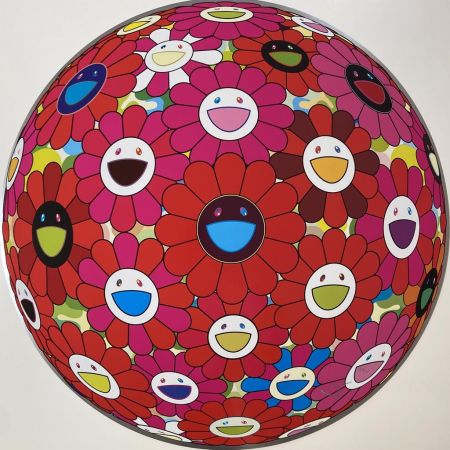 Lithograph Murakami - Flowersball (3D) - Red, Pink, Blue
