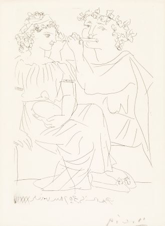 Etching Picasso - Flûtiste et Jeune Fille au Tambourin (Flutist and Tambourine girl) from the Vollard Suite, 1934
