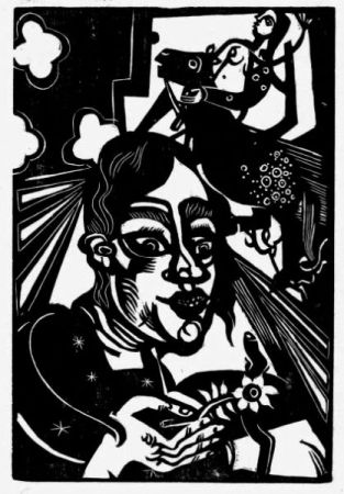Woodcut Campendonk - Frau mit Blume / Woman with Flower