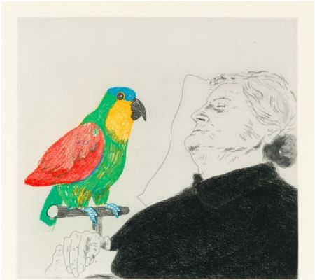 Engraving Hockney -  Félicité sleeping with Parrot. 1974