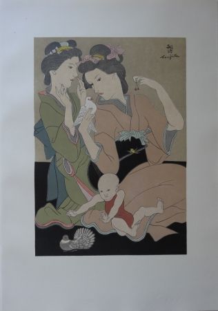 Woodcut Foujita - Geishas à la colombe