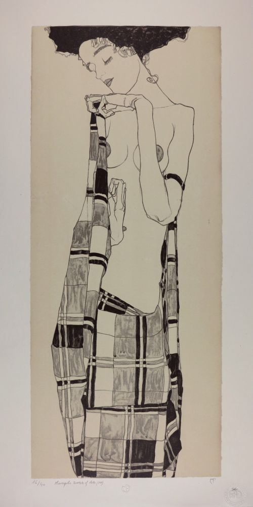 Lithograph Schiele - GERTI SCHIELE in a Plaid Garment, 1909 | Lithographie n° 1/40