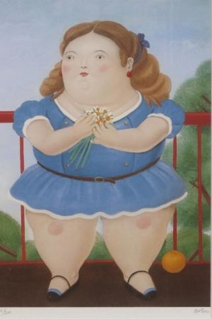 Lithograph Botero - Girl on a balcony
