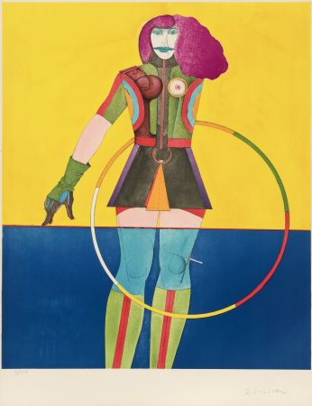 Lithograph Lindner - Girl with hoop